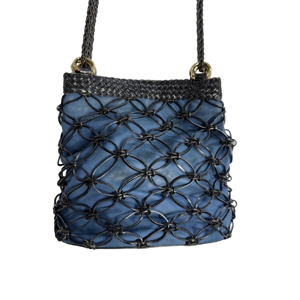 Eberle GEM Women's Medium Shoulder Bag Blue Leather Net Pattern Gold Hardware
